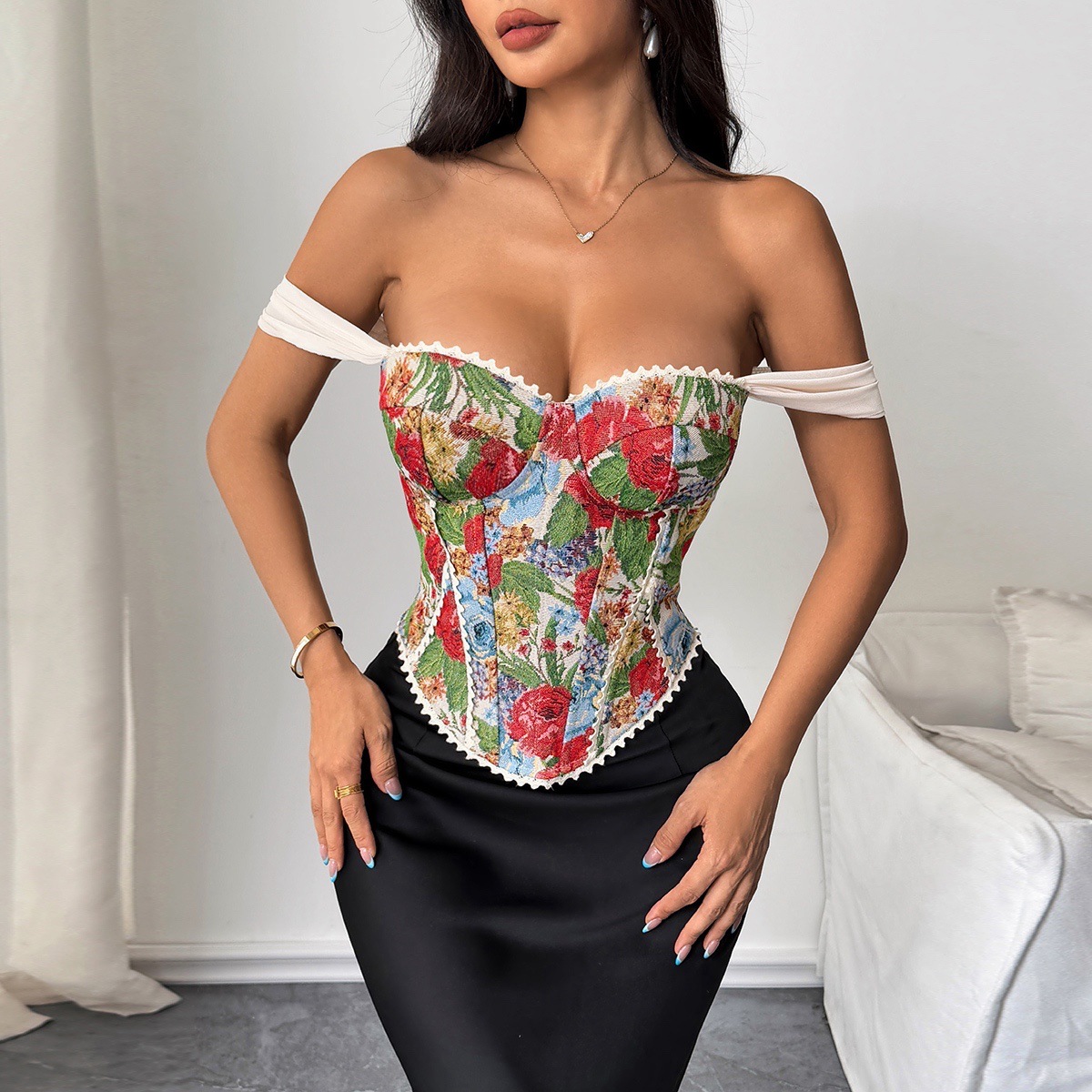 Womens  Vintage Floral Off-Shoulder Corset Top With Lace Trim Design